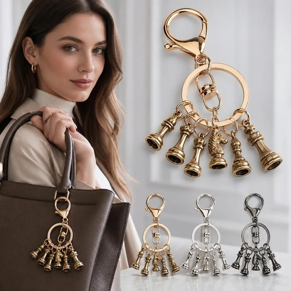 Alloy Chess Pendant Keyring Vintage Silver Gold Chess Bag Charms Backpack Accessories 3D Chess Piece Keychain Chess Lover
