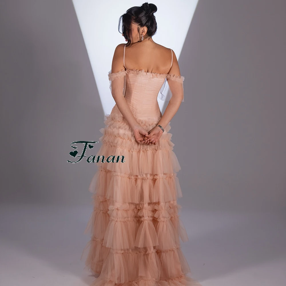Customized Off the Shoulder Simple Tulle Evening Dress Ruffles Sleeveless A-line Party Dress Straps Backless Floor Length Gowns