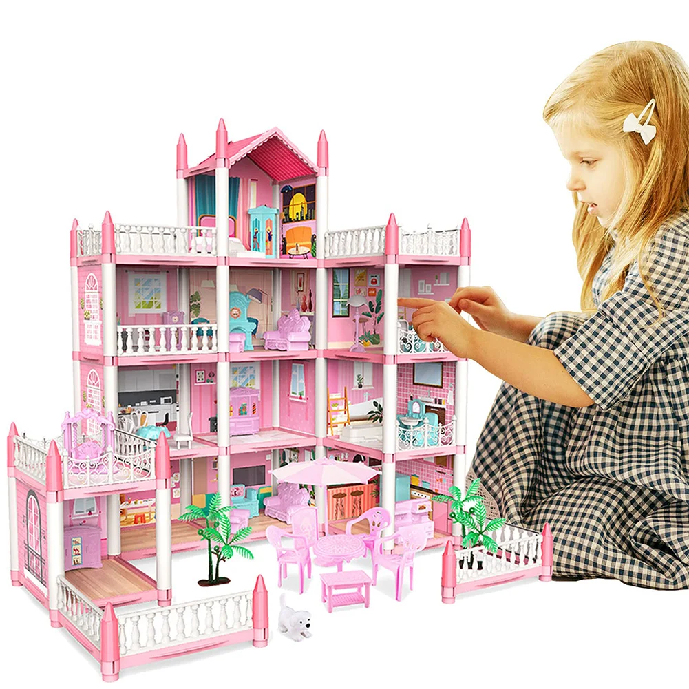 

Dreamy Dollhouse with 4 Dolls Pretend-Play DIY Dollhouse Kit 4-Story 11 Rooms DIY House Model Landscape for Girls Birthday Gift