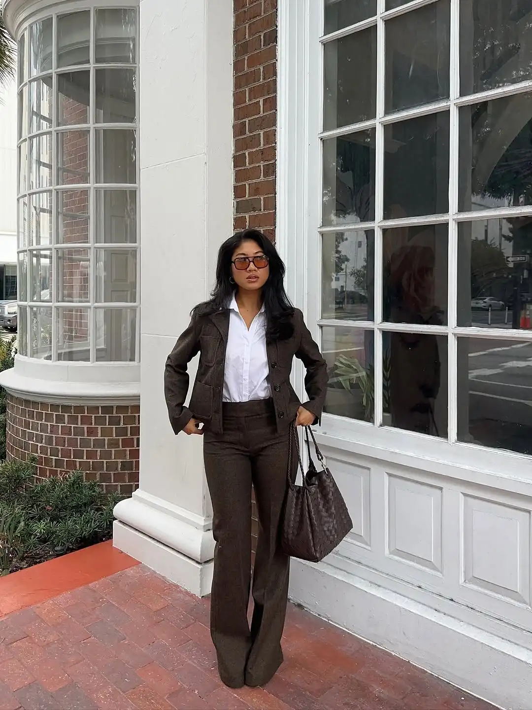 معطف نسائي أنيق من الصوف البني كاجوال بجيب طية صدر السترة فضفاض وصدر واحد سترة قصيرة للسيدات سترات مكتب للتنقل اليومي #3