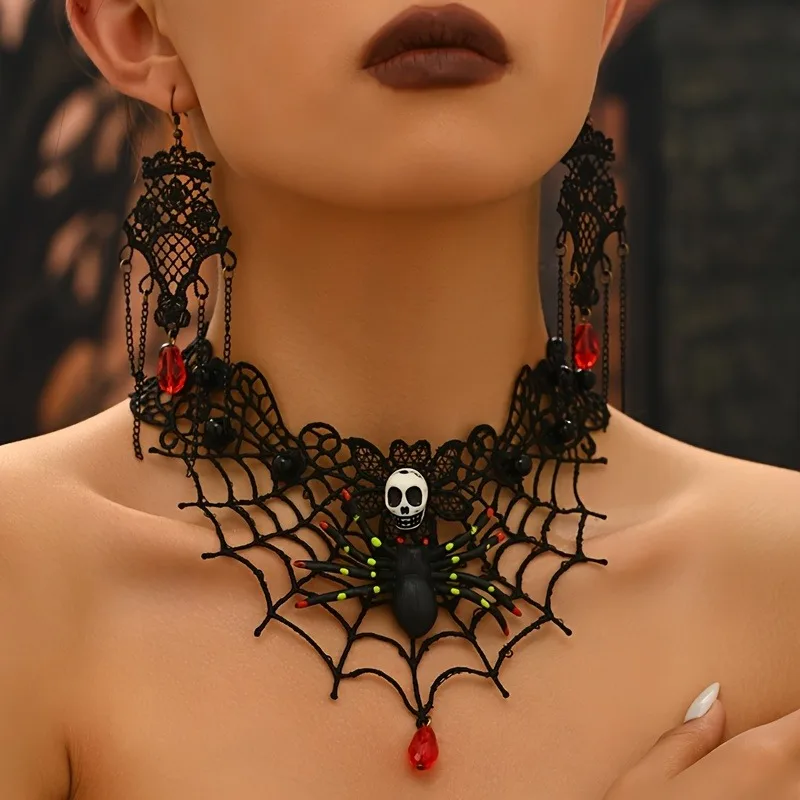 3Pcs Halloween Gothic Style Black Lace Necklace Earrings Set Spider Skeleton Spider Web Red Crystal Choker Dark Party Accessory