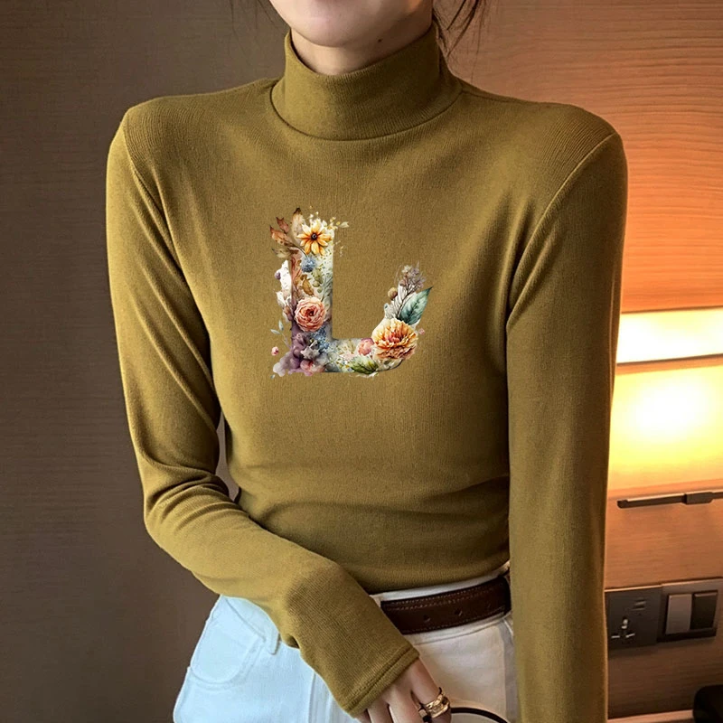 2026 New Autumn Winter Thermal Brushed Fleece Long Sleeve Graphic Print T shirt Blouses Female Warm Shirt Women Top