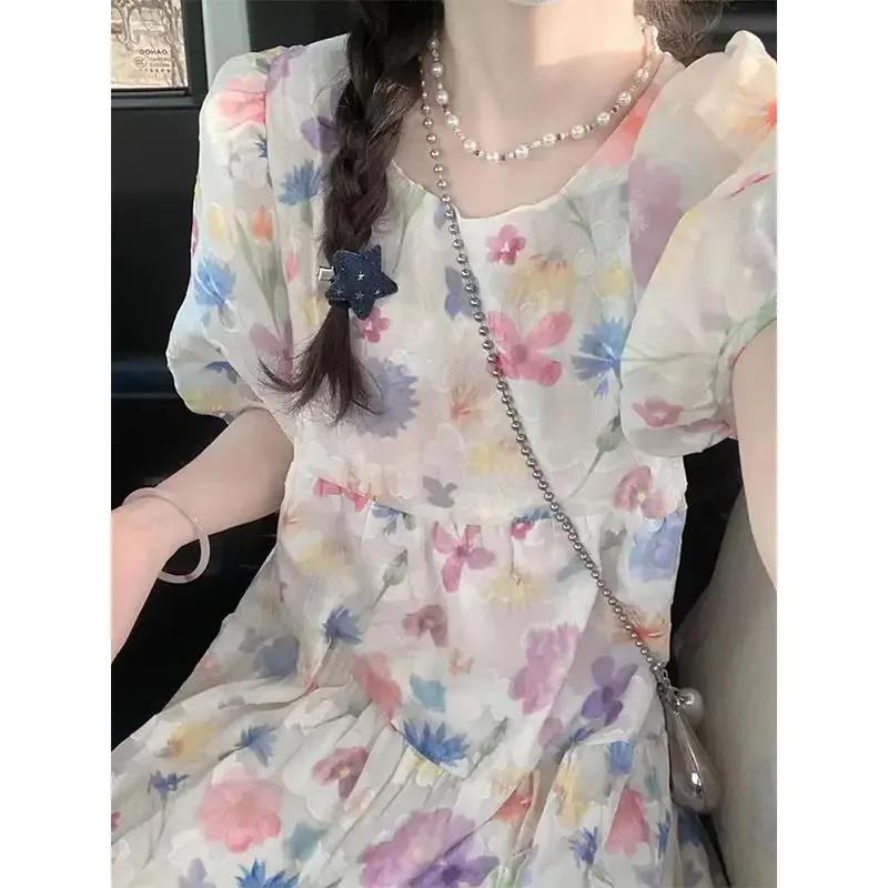 2025 新しい夏の甘い Y2k ドレス女性スーパー妖精気質バブルスリーブ花柄ドレス女性スリムガール服