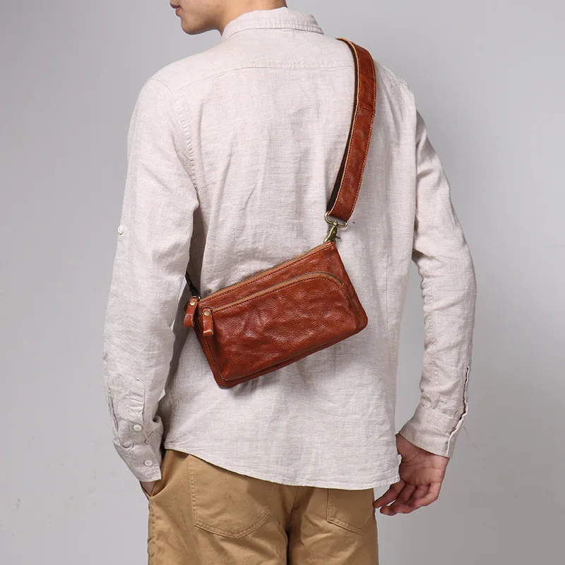 Retro men's genuine leather single-shoulder hand-grabbed cowhide simple crossbody bag, multi-functional mobile phone storage
