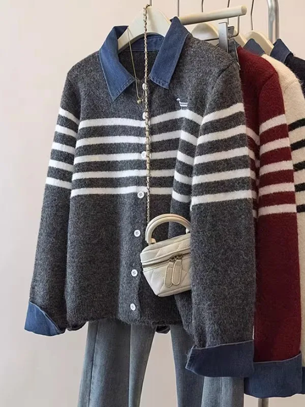 

plus Size Denim Stripe Knitwear Collared Patchwork Women's Faion Autumn Winter Open Cardigan Sweater Spring