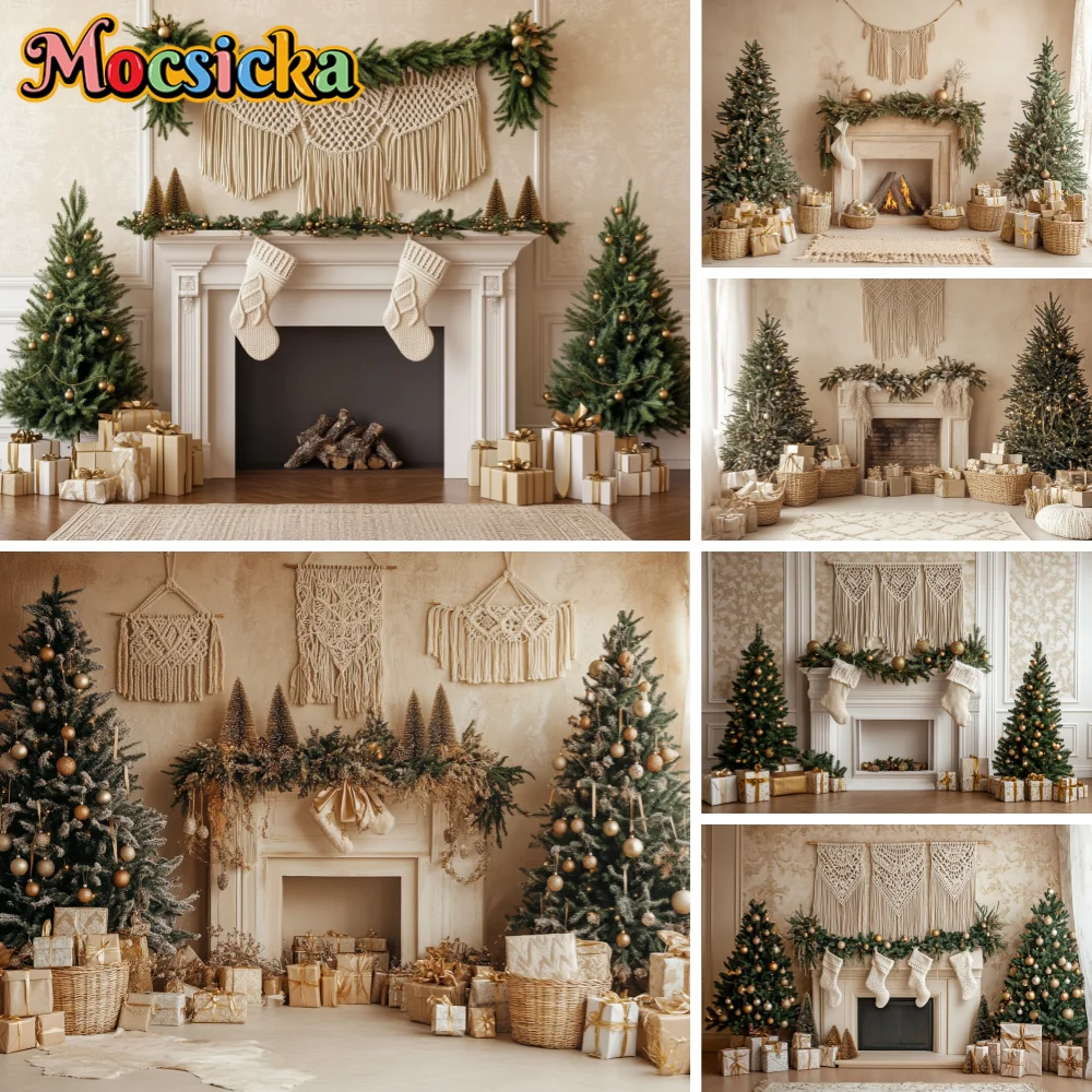 

Christmas Boho Style Photography Background Winter Tassel Wall Mounted Fireplace Gifts Kids Adults Portrait Backdrop