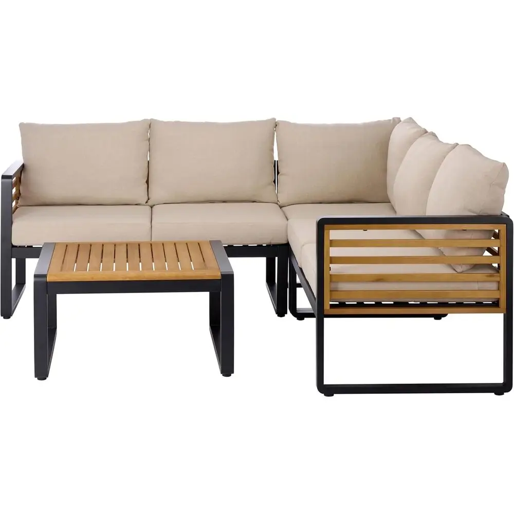 

Cushioned Steel and Acacia Wood Patio Furniture Set, Black & Taupe, for Outdoor Sectional Sofa with Table