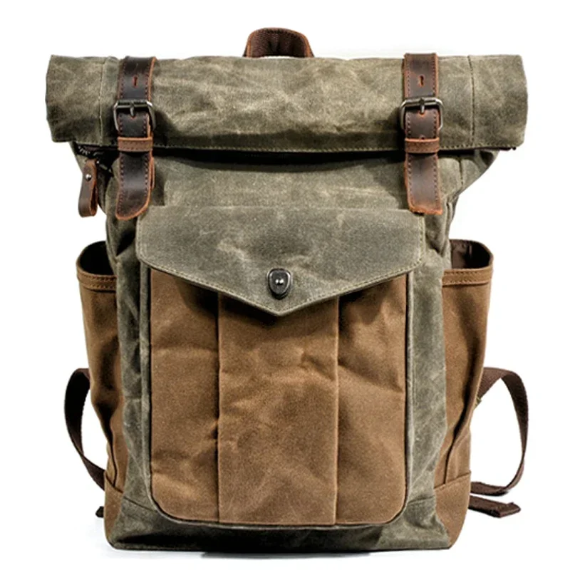 Men\'s large capacity travel hiking rucksack vintage batik canvas leather waterproof travel backpacks