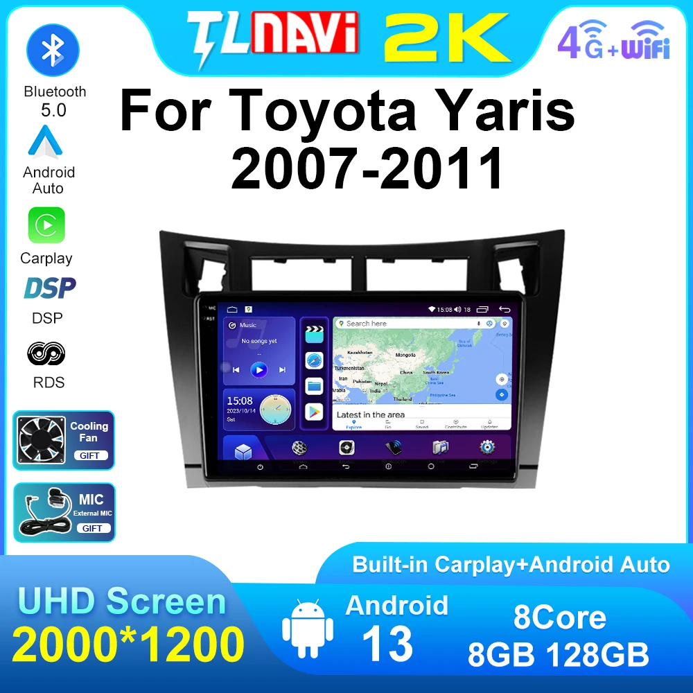 Tulenavi Auto Carplay For Toyota Yaris 2007 2008 2009 2010 2011 Android 13 QLED 2K 9 Inch Car Radio Multimedia Player GPS