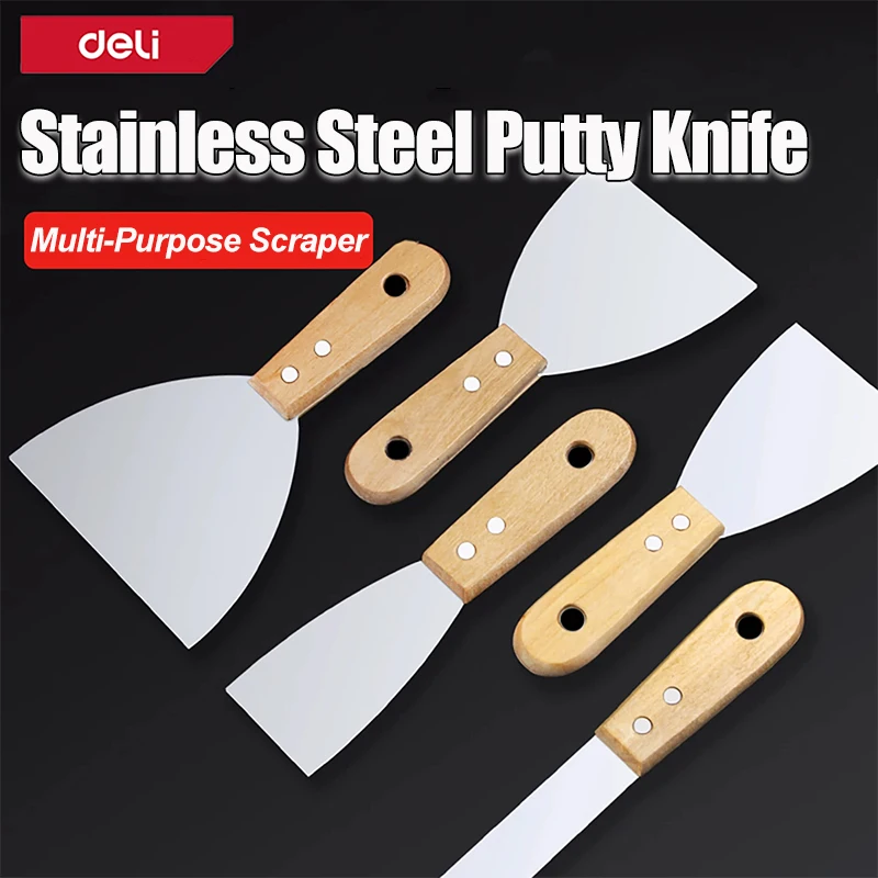 Stainless Steel Putty Knife Wood Handle 1/2/3/4/5 Inch Oil Grease Scraper For Wall Repair Painting Cleaning Sticker Removal