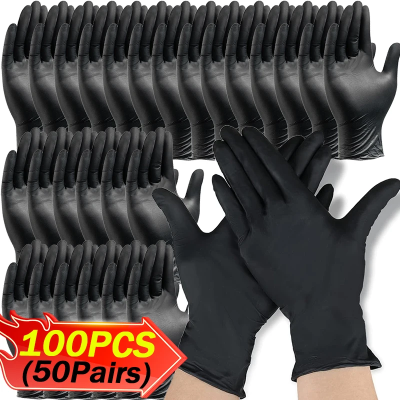 2/100Pcs PVC Gloves Black Disposable Nitrile Knit Reel Tools Textured Hair Dye Mechanic Tattoo Washing Car Household Work Gloves