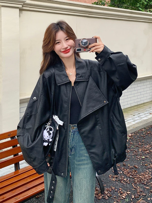Coole schwarze PU-Lederjacke für Damen – Frühling/Herbst 2025 – Neue High-End Slim-Fit Motorrad-Bikerjacke