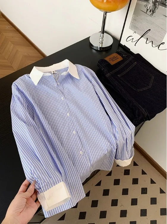 

Color Blo Striped Loose Long Sve irt Women's Personali Design Autumn Faion Casual Top Quali Polyester Blend