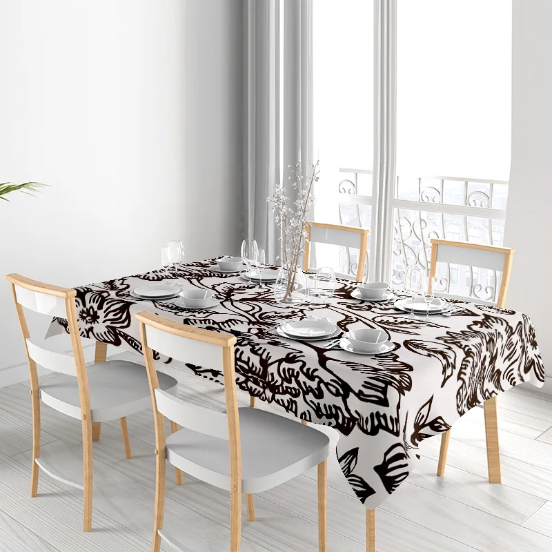 مفرش المائدة خمر الأزهار أسود أبيض مطبوعة القطن الكتان المطبخ الديكور ديكور المنزل الطعام غطاء قابل للتعديل #3