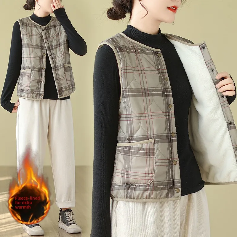 

Women's Lightweight Fce Lined Vest Autumn Winter Outerwear Plaid Svel ort Coat round Ne Single Button Closure