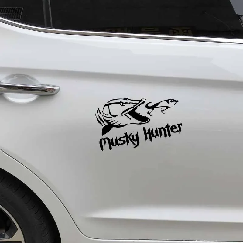 Fishing Musky Hunter Car Stickers Cartoon Fish Vinyl Waterproof Decal Black/SilverCovering Scratches 16.3CM*9.9CM