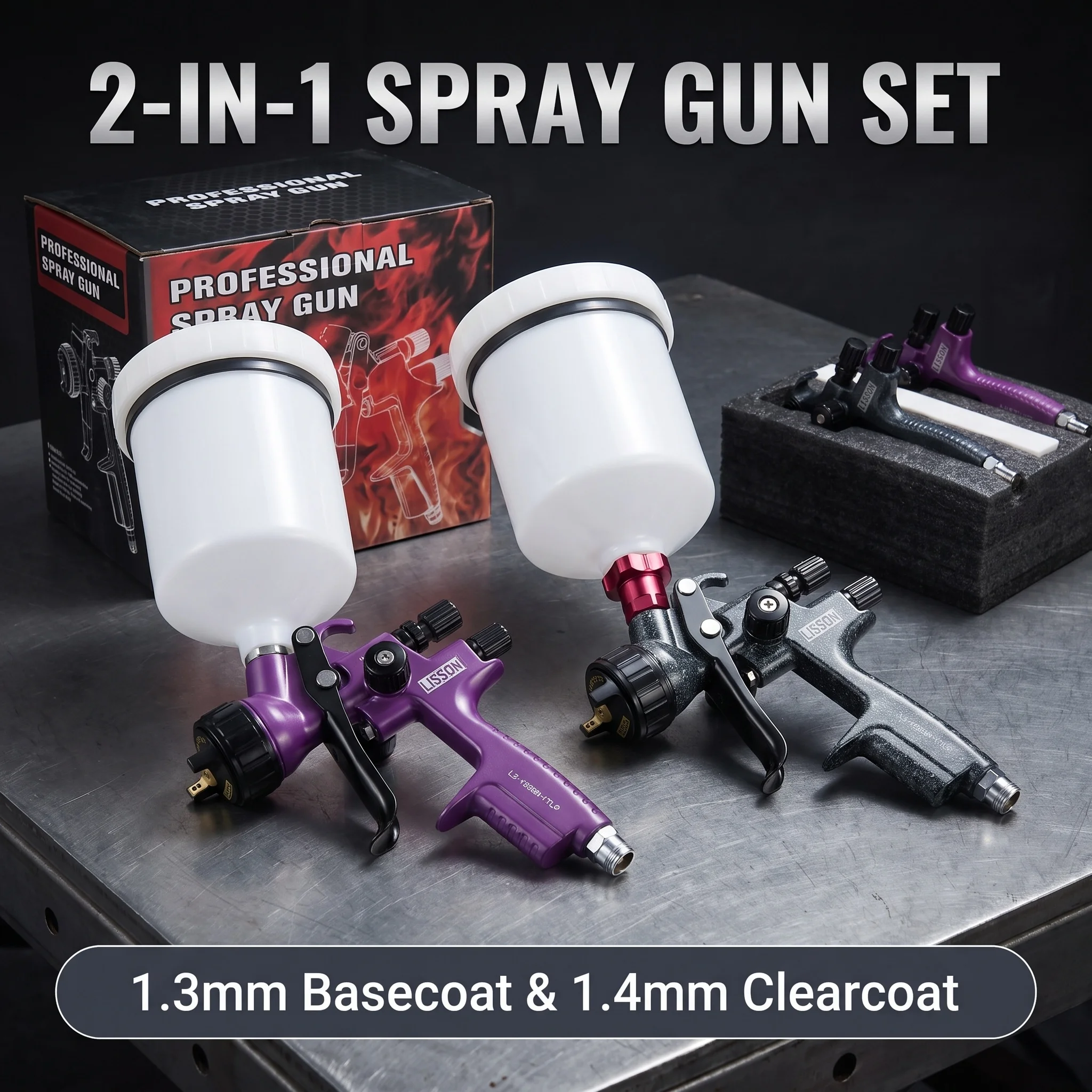 2 In 1 Auto Paint Spray Gun Set 1.3mm Camouflage Basecoat +1.4mm Purple Clearcoat HVLP Low Pressure Atomization Air Paint Gun Fo