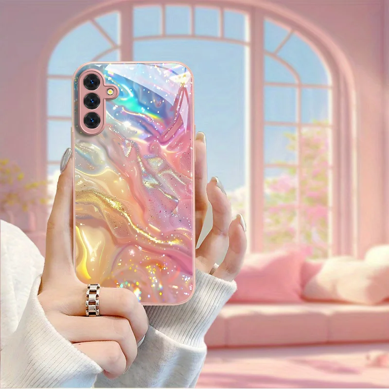 Fashion Iridescent Glitter phone case 폰케이스 s26 ultra case glass mobile phones for Samsung Galaxy S26 S25 S24 S23 FE,Ultra,Plus