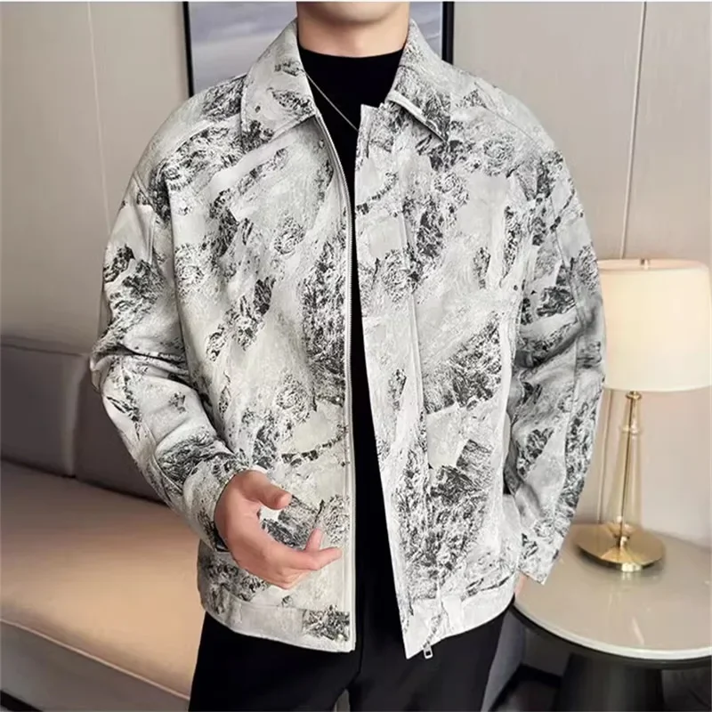 LIBIELIY Autumn Winter High Quality Print Leather Jacket Men Turn-Down Collar Fashion Leather Outwear Male Chic Casual Zipper PU