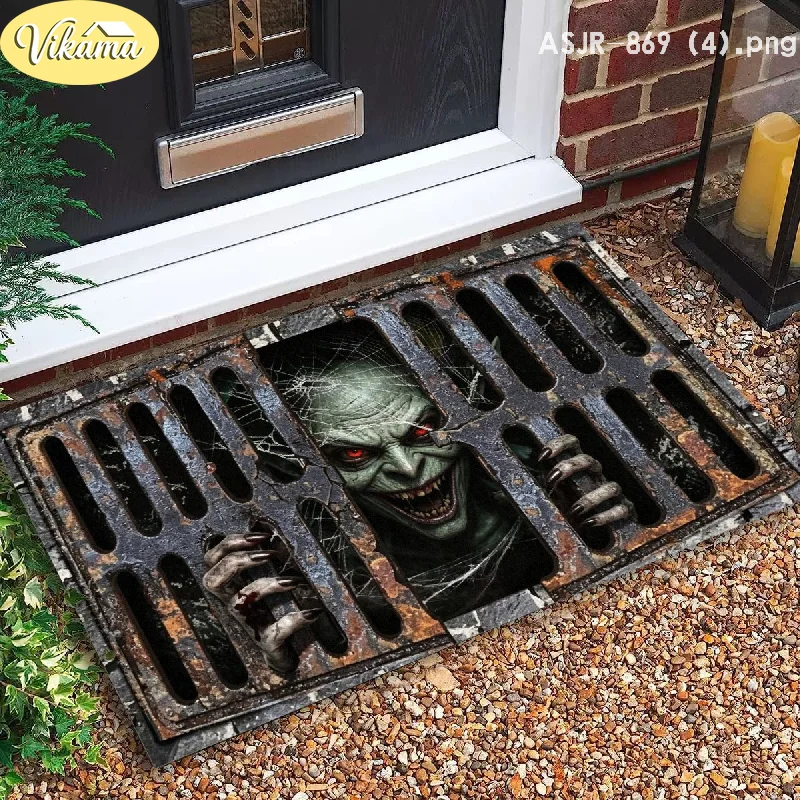 VIKAMA Halloween Door Mat 3D Monster Sewer Grate Print Non Slip Rug For Entrance Hallway Horror Party Home Decoration