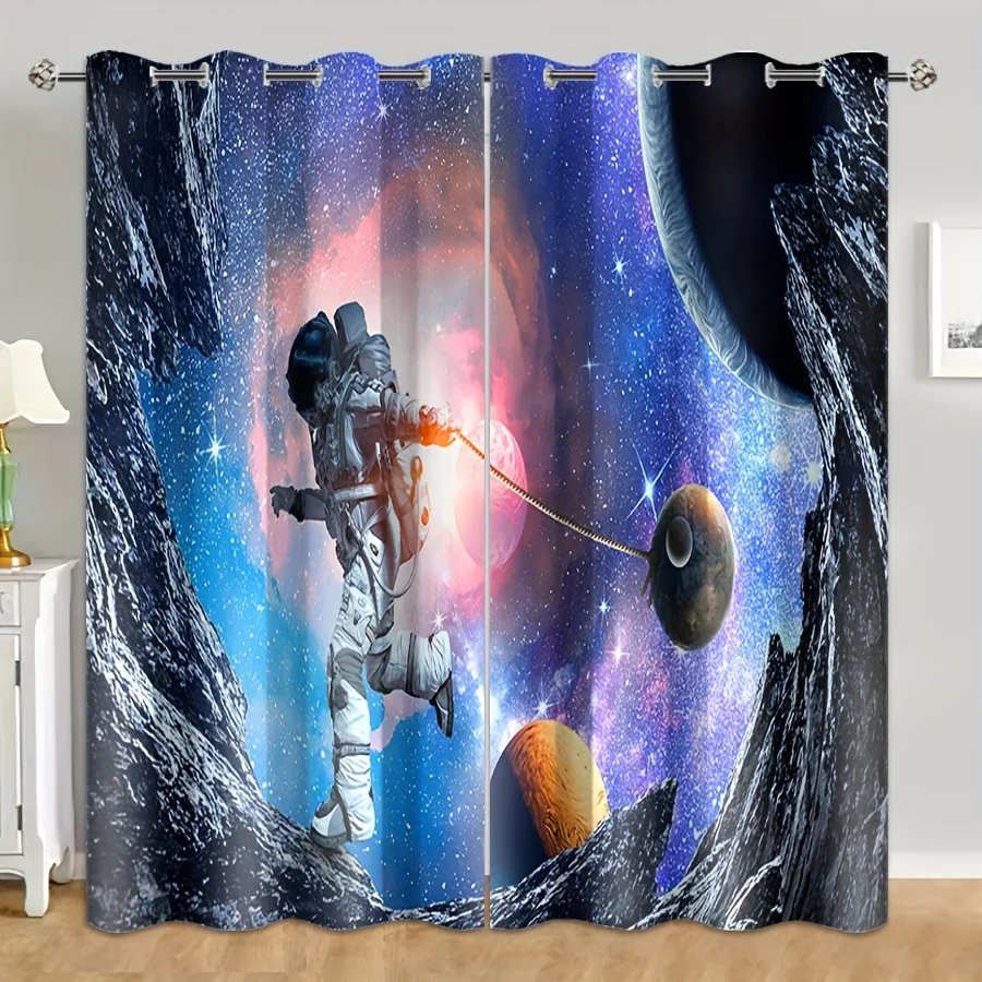 

2pcs Astronaut Universe Starry Sky Space Patterns Washable Rod Pocket Curtain For Bedroom Office Kitchen Living Room Study Home