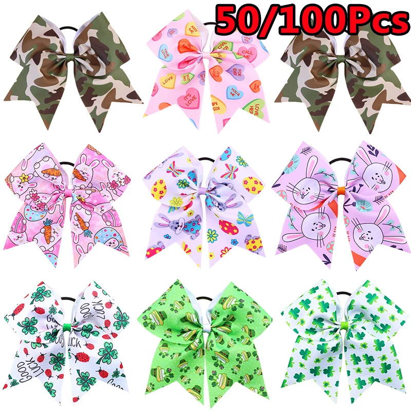 

ncmama 50/100Pcs 7'' Camouflage Bow Hair Ties Easter Bunny Scrunchies for Girls Elastic Cheer Ribbon Hair Band Hair Accessories