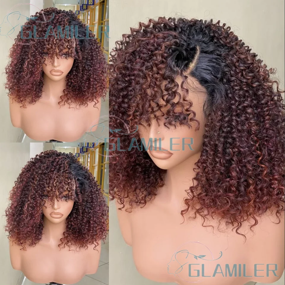 

Боковая часть Kinky Curly Ombre # 1b/99j человеческие волосы бесклеевые 5x5 шелковые парики с застежкой сверху Remy бразильские натуральные волосы 13x6/360 парики