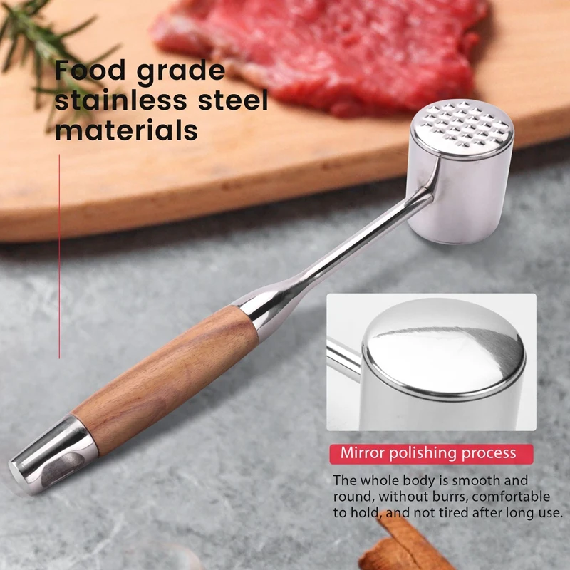 Double-Sided Meat Tenderizer Hammer With Non-Slip Wooden Handle, Steak Hammer With Silicone Oil Brush