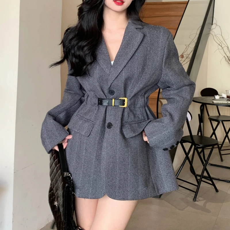 Korea Office Women Gray Suit Coat Fashion Long Sleeve French Autumn Winter Vintage Lazy Casual Loose Lace-up Suit Coat with Belt