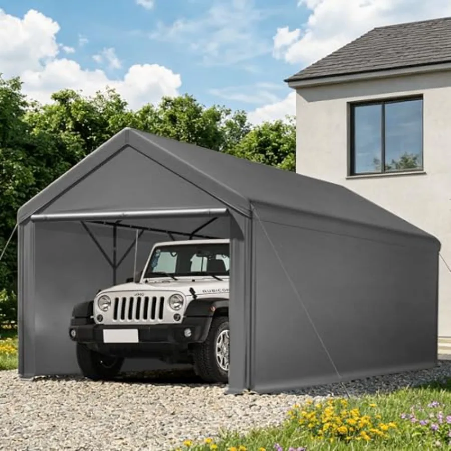 Carport, 10x20FT Heavy Duty Portable Garage with Storage Shed, Grey