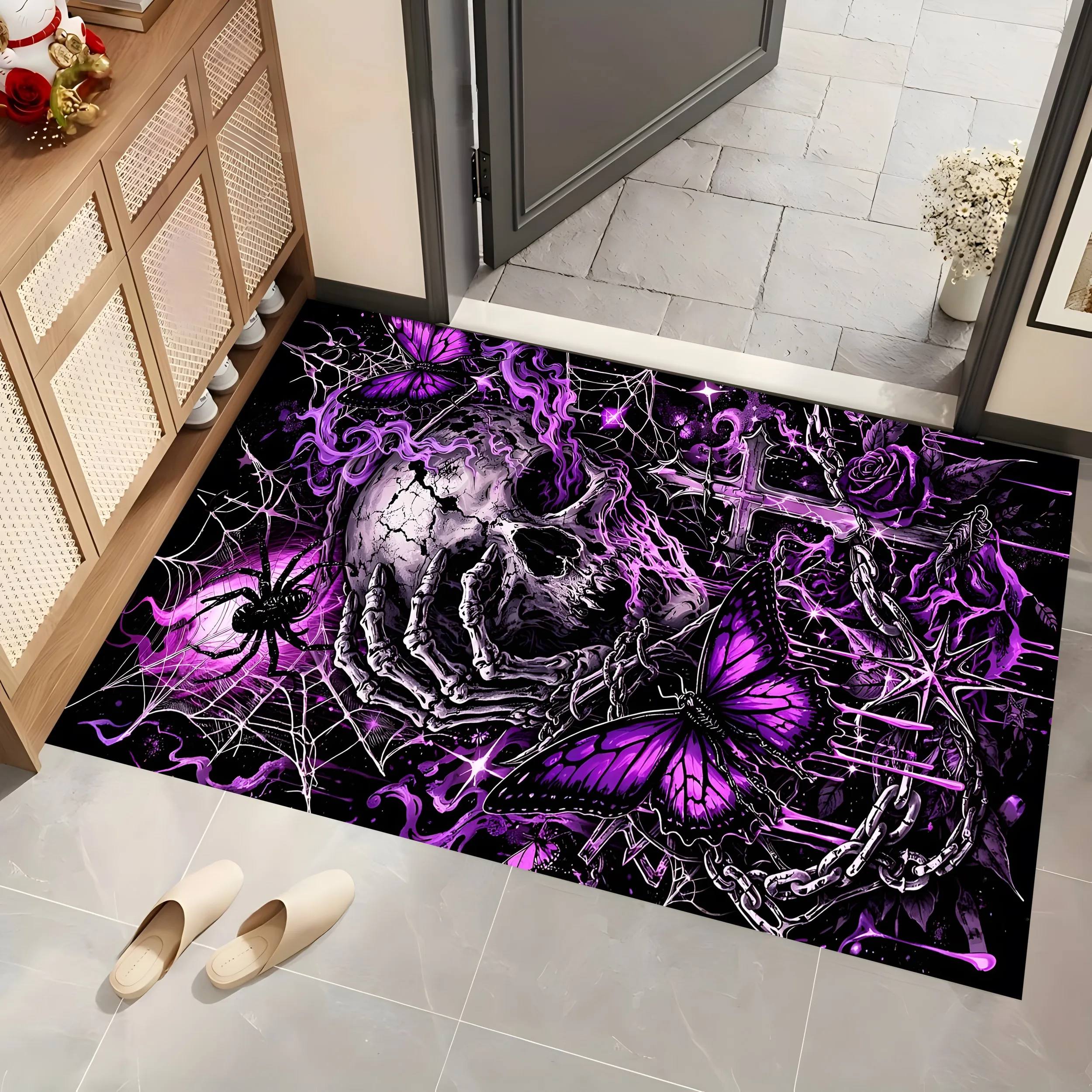 Purple Butterfly Skull Spider Web 2D Area Rug in Gothic Style for Living Room and Entryway, Halloween Party Decor