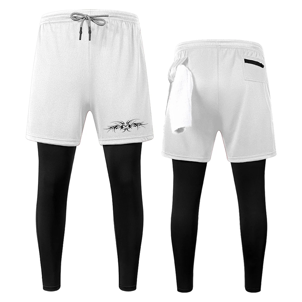 Men's Double Layer Gym Compression Leggings Quick Dry Breathable Workout Symmetrical Pattern Print with Towel Loop Zipper Pocket