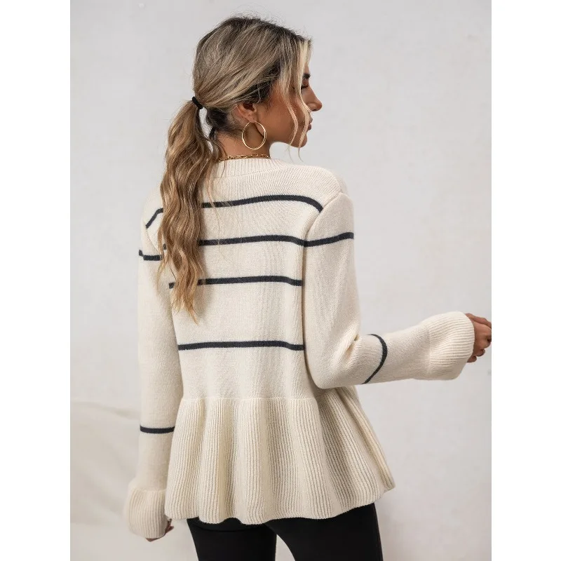 Pull à manches longues en tricot ample et rayé, col en v, Cardigan européen et américain, vêtements pour femmes, nouvelle collection automne/hiver