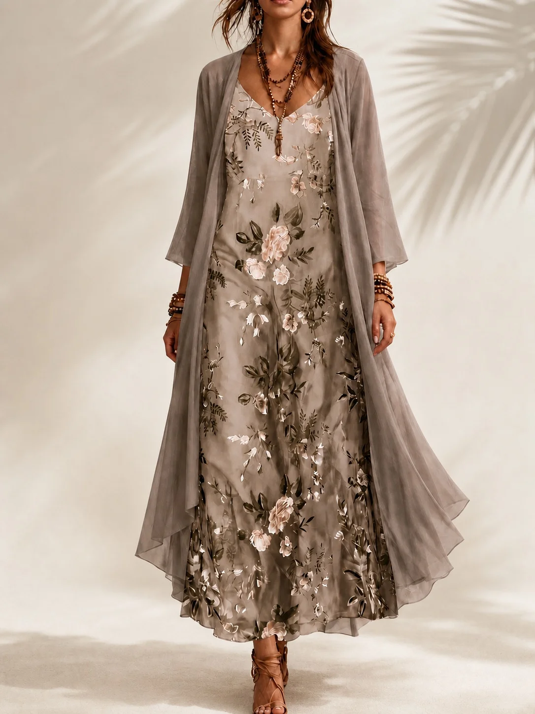 Frühlings- und Sommerkleid für Damen in Übergröße, elegant, im ländlichen Stil, mit Blumenmuster, Camisole-Kleid mit V-Ausschnitt, Dreiviertelärmeln und halbtransparenter Sonnenschutz-Strickjacke, langes zweiteiliges S – Detail 2