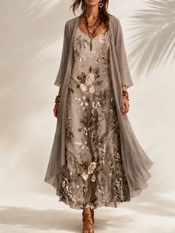 Spring and summer women's plus-size elegant holiday pastoral style floral print patterned camisole V-neck dress with three-quarter sleeves and semi-transparent sun-protective cardigan, long two-piece set, perfect for romantic wedding season, New Year's outfits, suitable for daily casual outings, walking, and coffee gatherings
