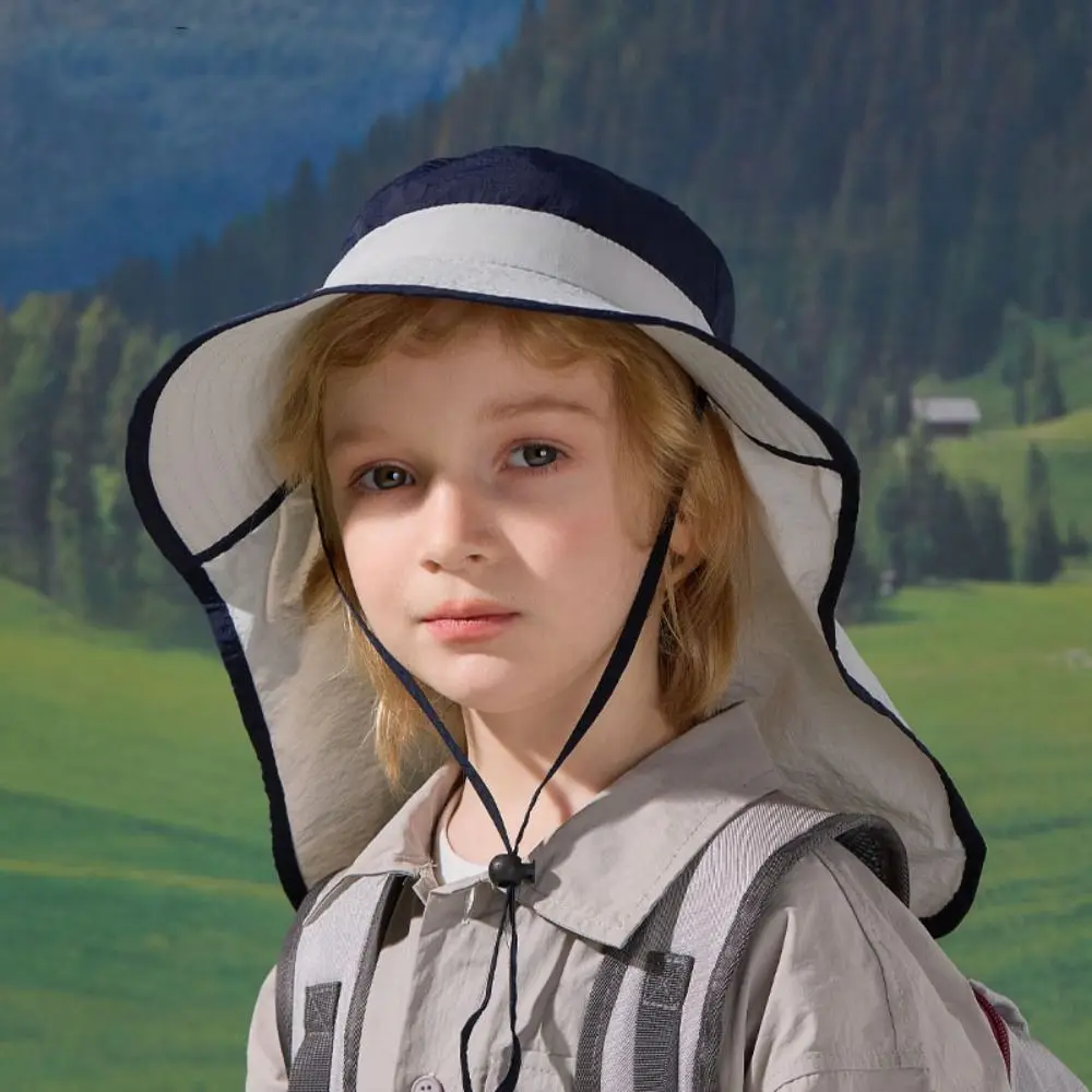

Solid color Children Shawl Sun Hat Large Brim Sun Protection Kids Beach Cap Flap Cap Neck Ear Cover Sunscreen Bucket Hat Girl