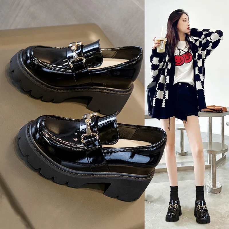 

Women's Black Thick Bottom Slip-On Shoes New Autumn Style British Fashion Internal Heightening Small Leather Shoes