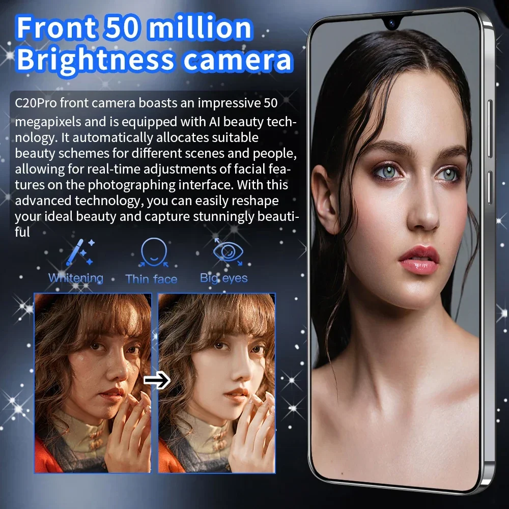 New C20 Pro Smartphone 6.8\'\' HD+ Android 13 16GB+1TB 8000mAh Global Edition 5G Gaming Phone Face unlock Fingerprint unlocking