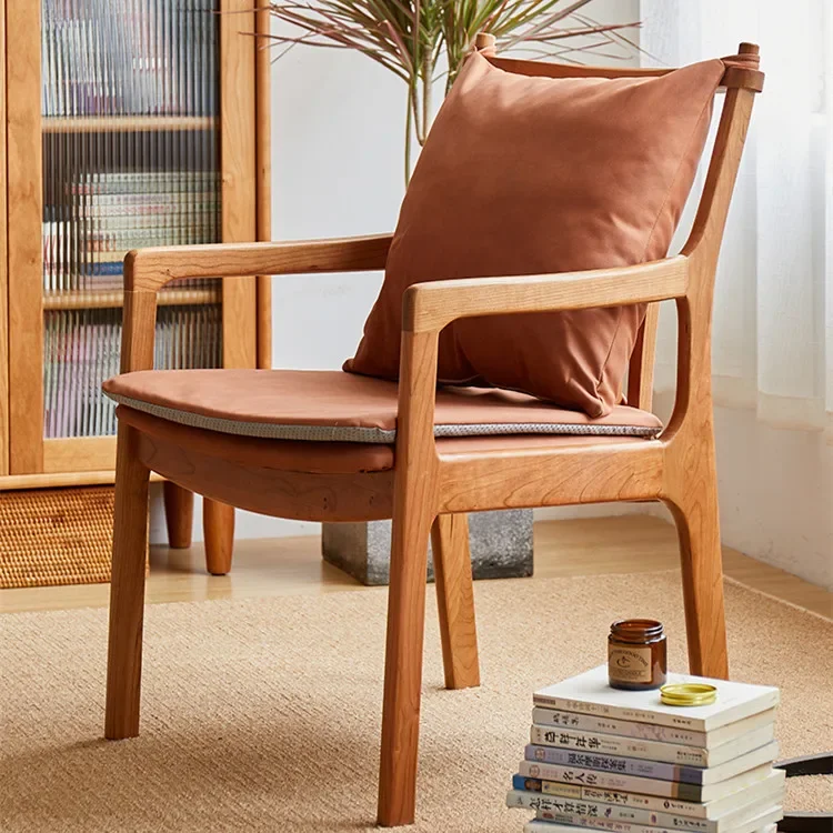 Solid wood armchair Nordic simple casual oak chair Japanese adult study chair log soft bag computer chair