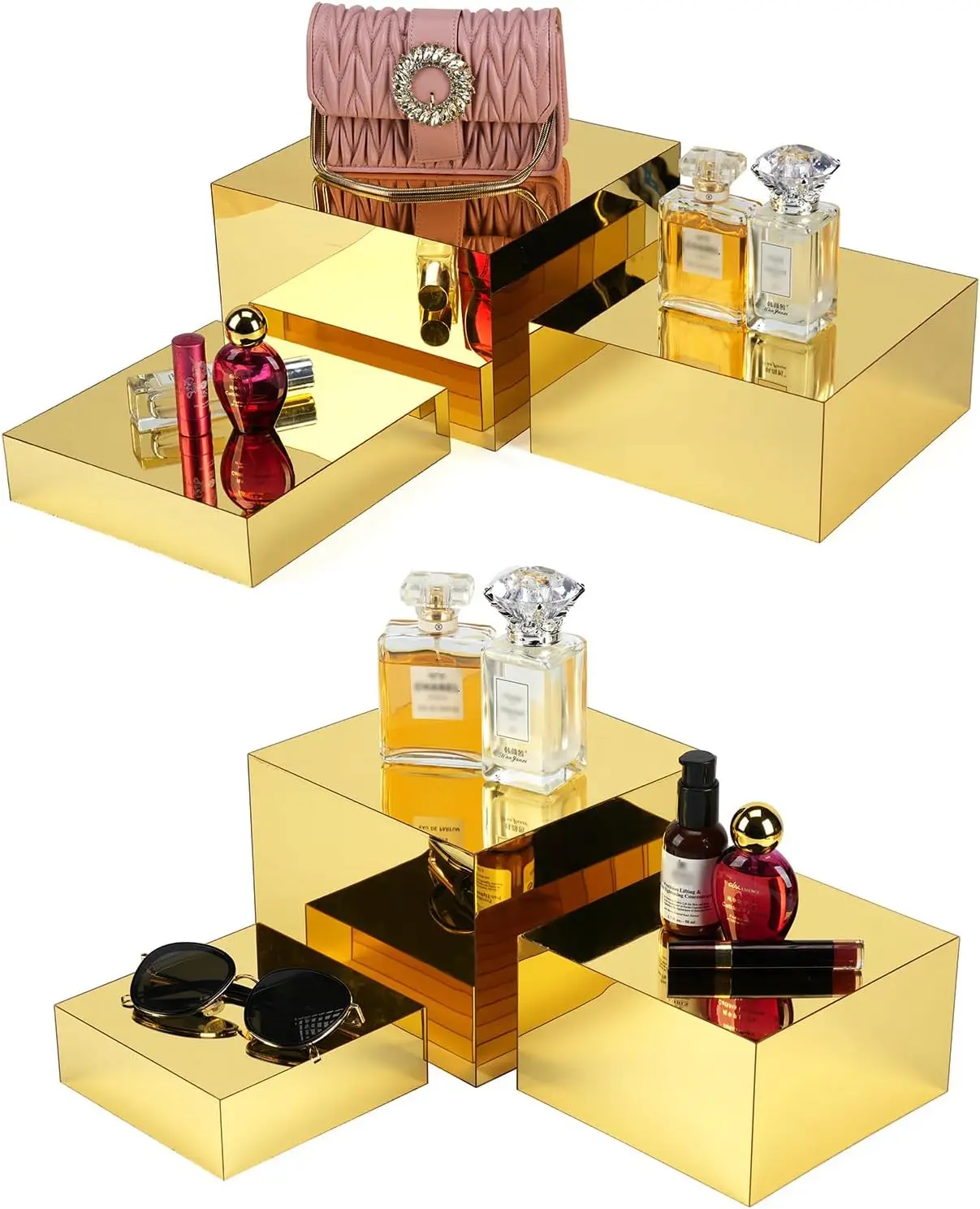 

Gold Acrylic Display Risers, 6pcs Anti-Scratch Luxury Cubes, 4MM Thick Heavy Duty Square Boxes for Retail Product Showcase