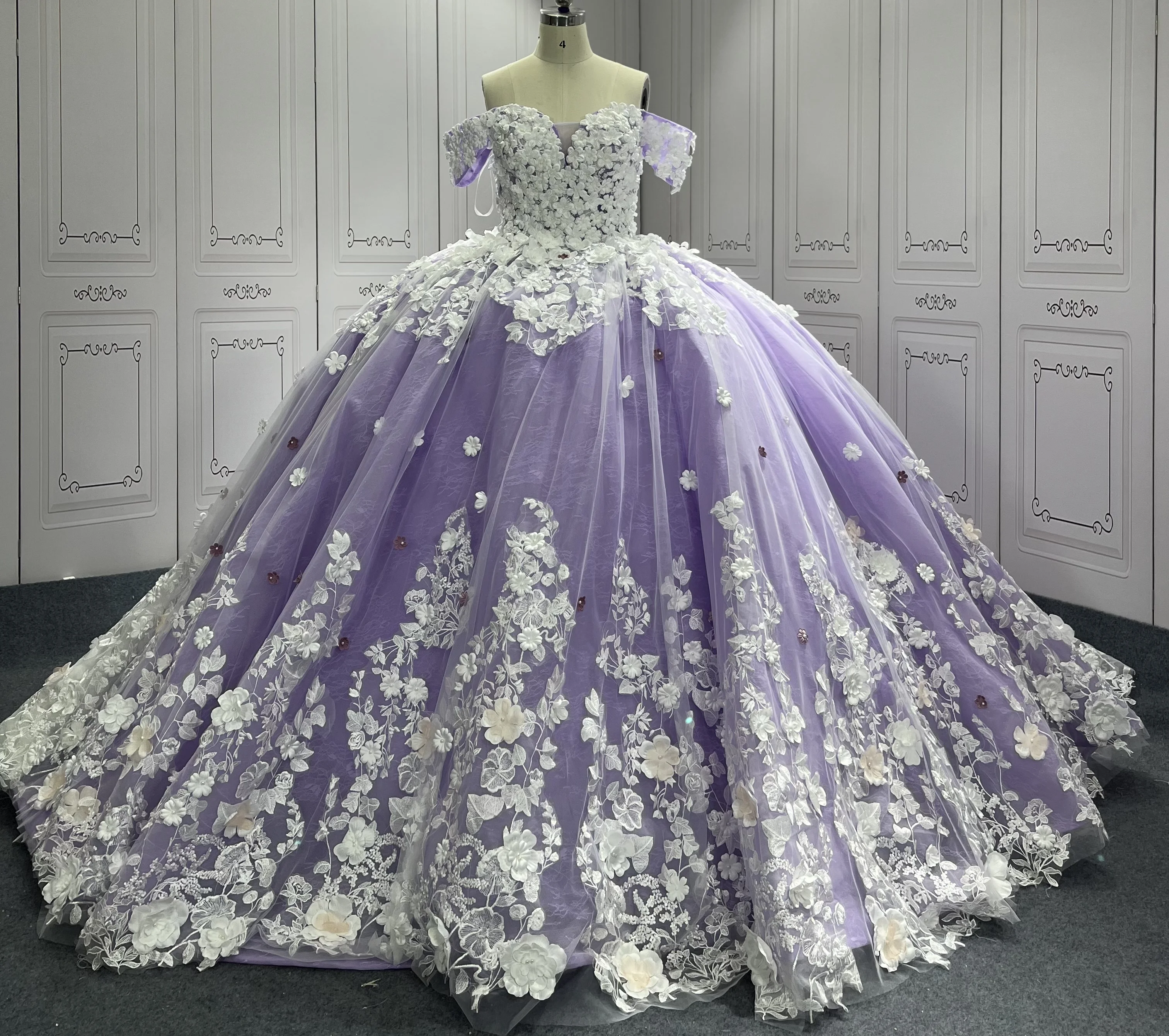 

3D Flowers Lavender Quinceanera Dresses for Girls Sweet 15 Gowns Appliques Off Shoulder Vestido De 15 Anos Customised