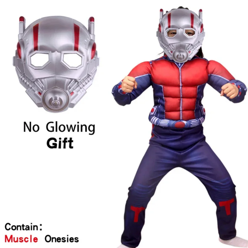 New Kids Superhero Antman Cosplay Muscle Costumes Mask Clothes Set Party Jumpsuit Performance Props