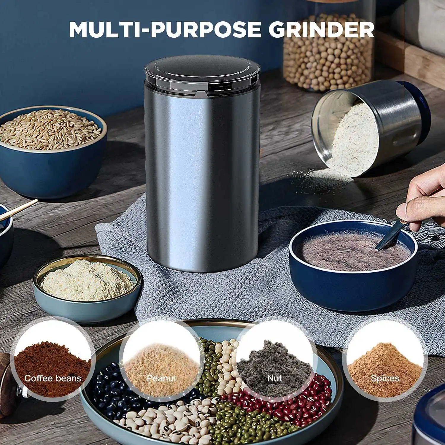 Electric Coffee Grinder, Spice Grinder with Stainless Steel Blade & Bowl, One-Touch Control Coffee Bean Grinder UK Plug