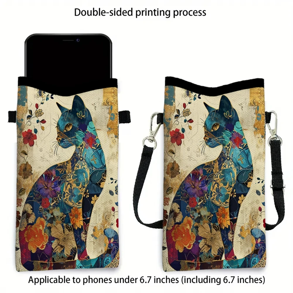 Bolso Bandolera con Estampado de Gatos Florales, Cartera para Teléfono con Correa de Hombro Ajustable, Diseño Unisex para Uso Diario