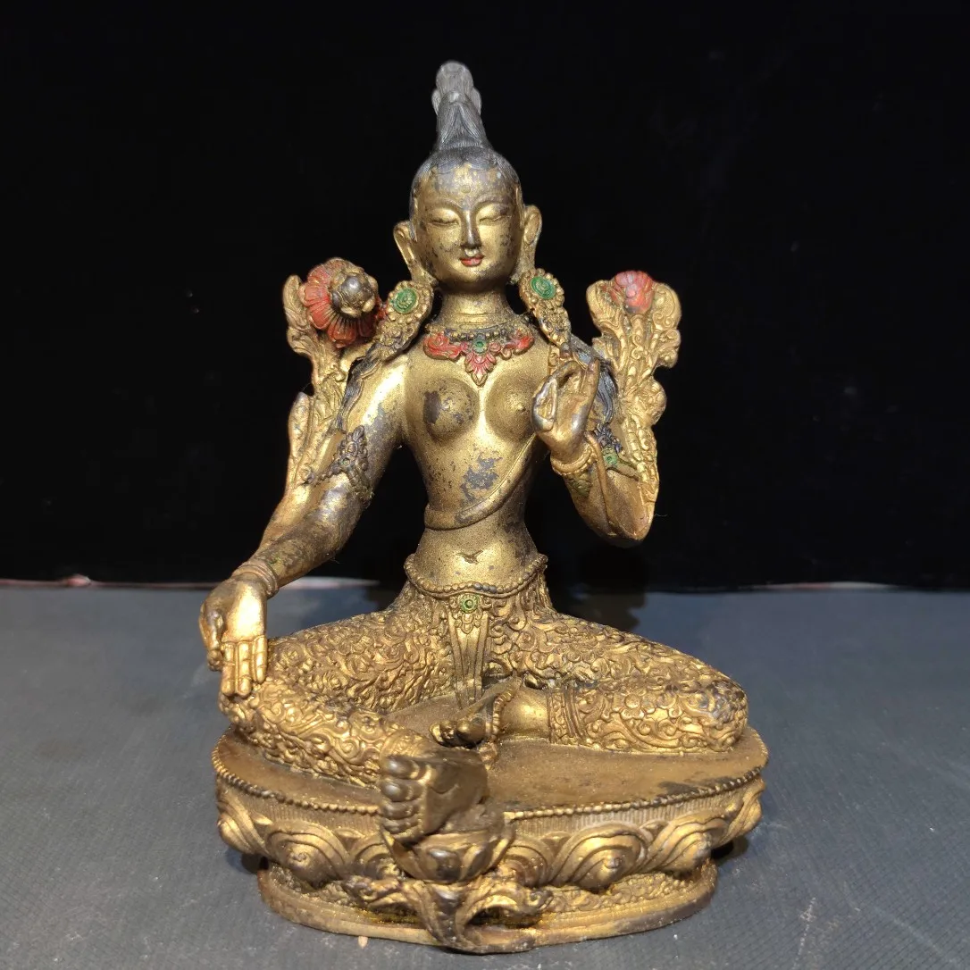 

18 CM Painted Bronze Gilded Buddha Green Tara Statue The Temple Worships Kaiguang