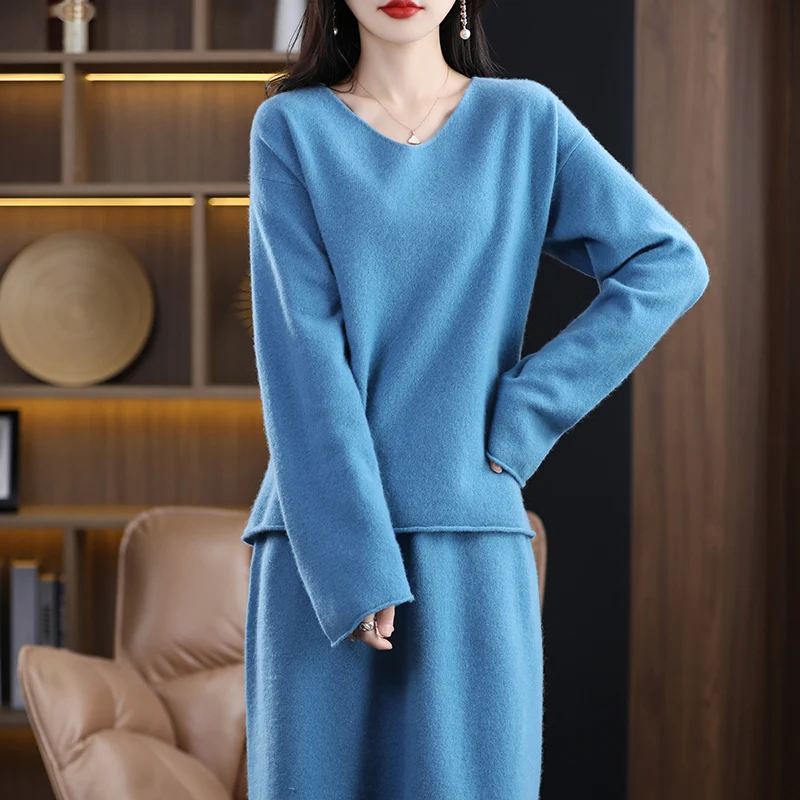 Fashion Suit 2023 Spring Autumn 100% Wool Knitted High Quality Sweater Women Tops And Harem Skirt Two-Piece Female Women Clothes