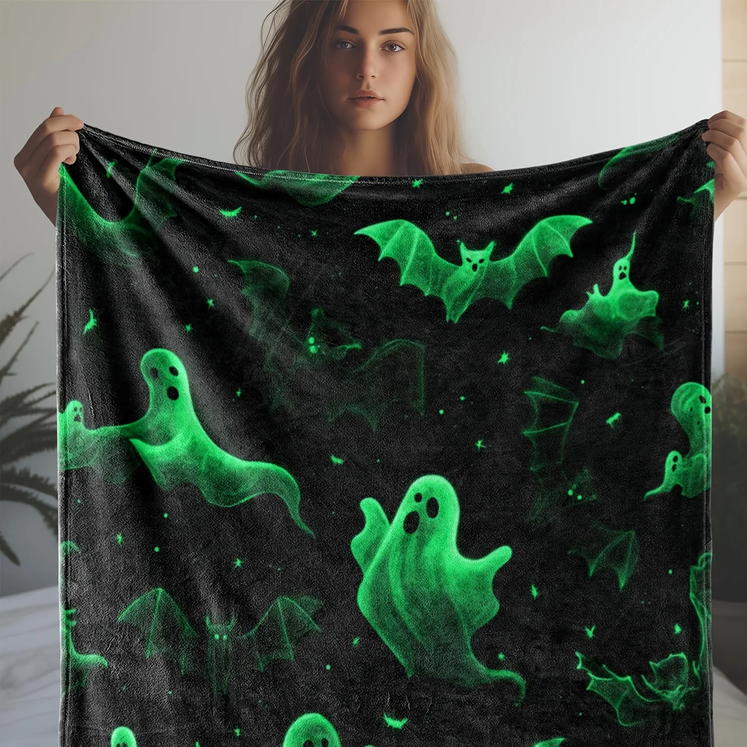 1pc of Flannel Blanket, Glow-In-The-Dark Ghost Bat Halloween Themed Printed Blanket, Warm, Comfortable, And Soft, Suitable for S