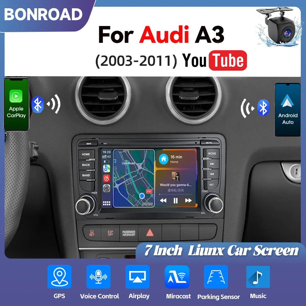 BONROAD Schermo Touch Android Auto per Audi A3 8P RS3 S3 2003 2004 2005 2006-2012 CarPlay Wireless Autoradio con YouTube Bluetooth DSP MirrorLink Telecamera Posteriore Lettore Multimediale Schermo con