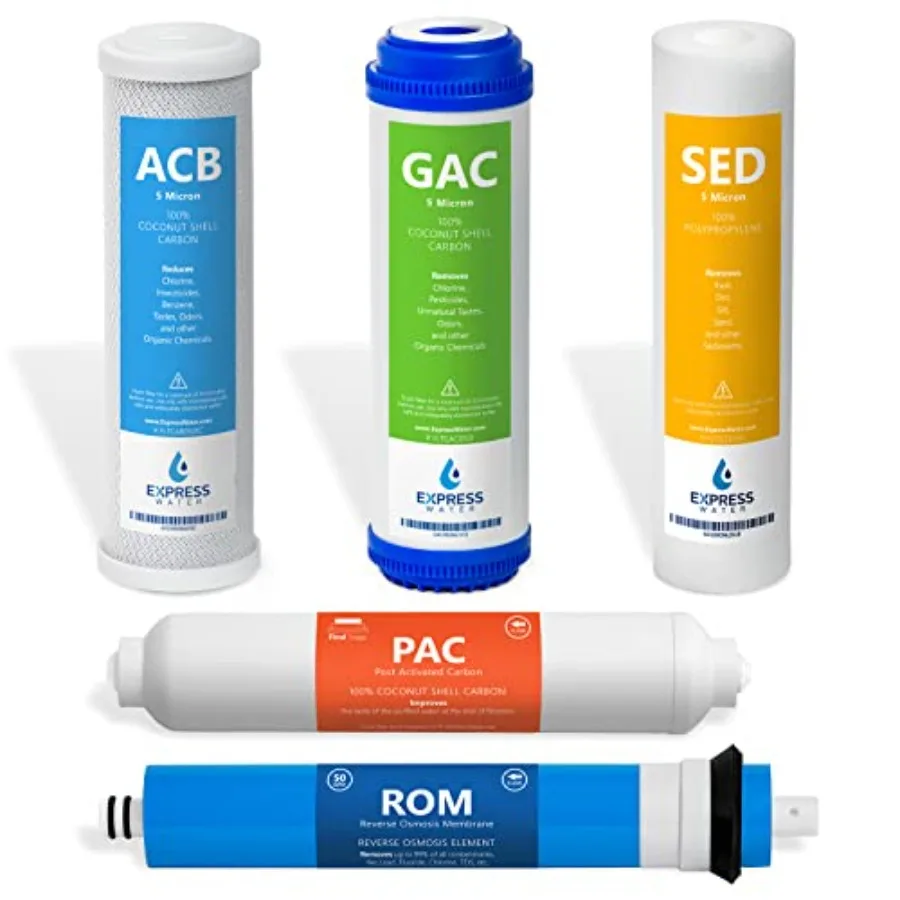 

Reverse Osmosis System Replacement Filter Set 5 Filters with RO Membrane Carbon GAC ACB PAC Filters Sediment SED Filters 10 inc