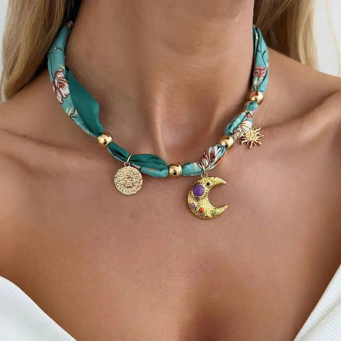 

Ingemark New Elegant Blue/Green Scarf Ribbon Chokers Necklace Women Vintage Sun Moon Heart Cross Pendant Necklace Boho Jewelry